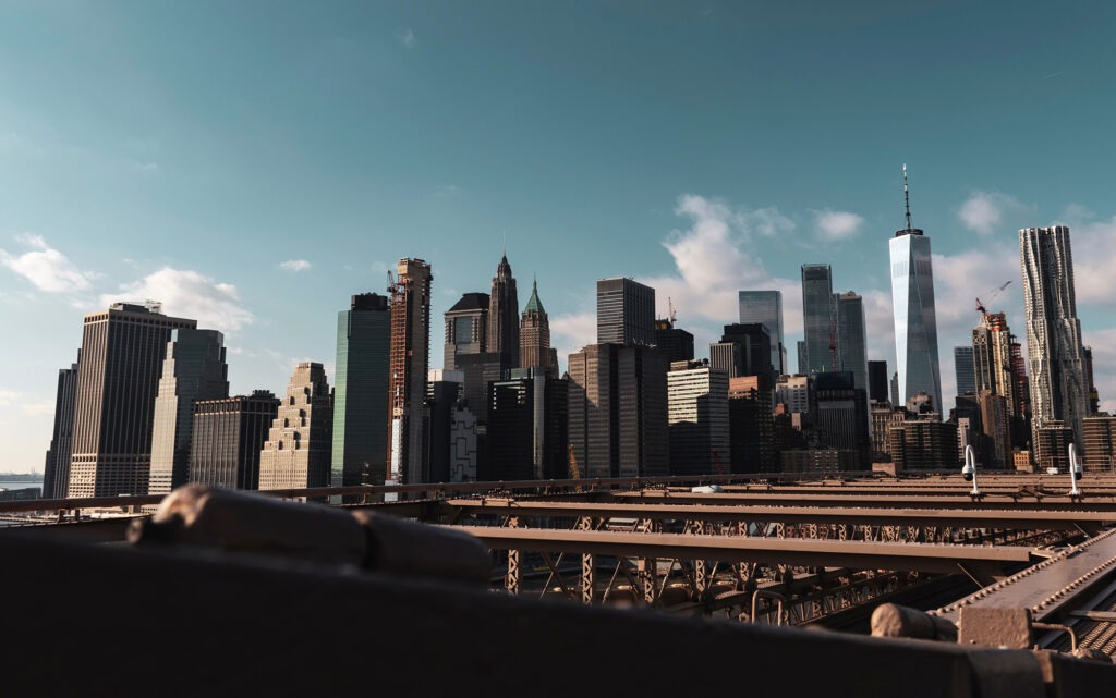 skyline view of Manhatten New York from a bridge