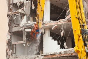 Demolition of a building in New York City where vibration monitoring is being performed
