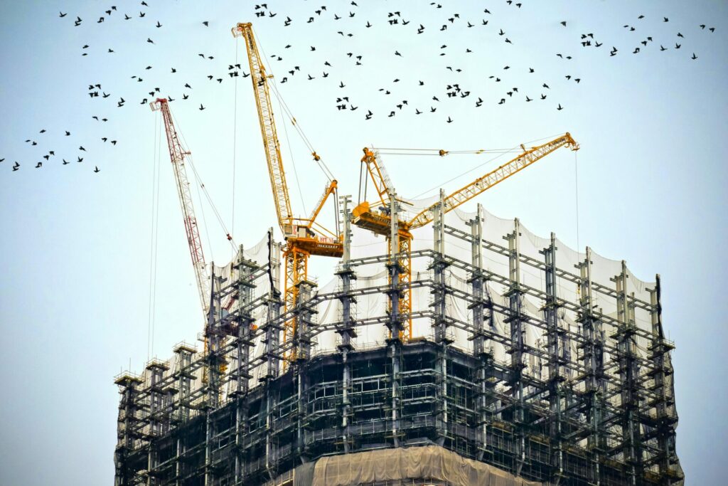 Three large cranes on top of an active building construction site.