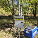 An Aeroqual Dust Sentry in a wooded area near an active construction site.